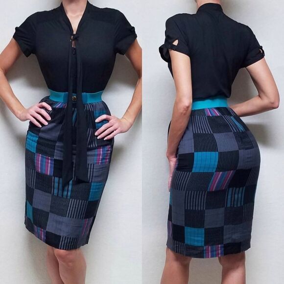 Vintage Dresses & Skirts - Ms. Interpret Vintage 70s Black Lavallière Patchwork Pencil Skirt Belted Outfit